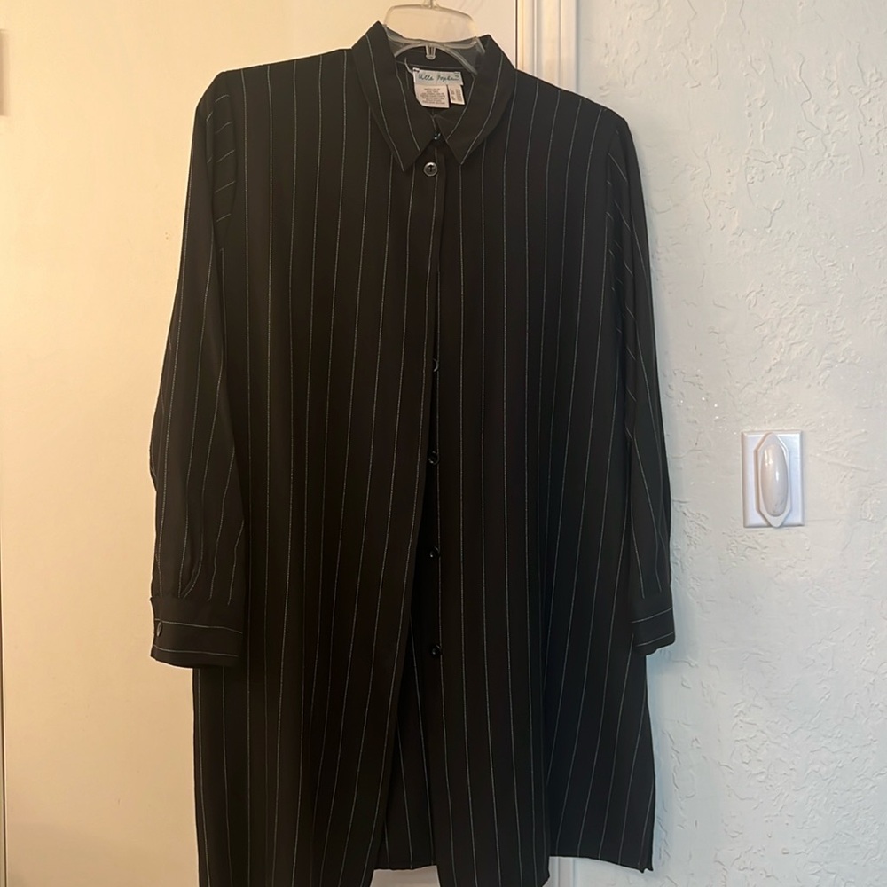 Black Button Down Top with White Stripes and Matching Skirt